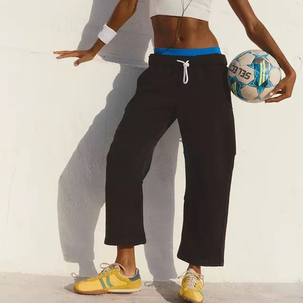 FP Movement by Free People Black Wide-Leg Track Pants with Blue Waistband